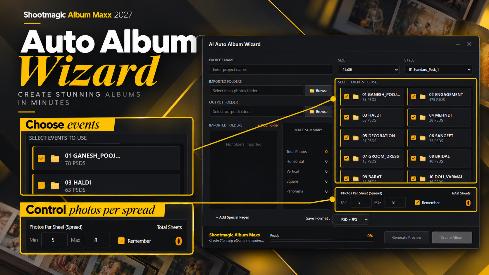 Auto Album Wizard — event selection and photos per spread