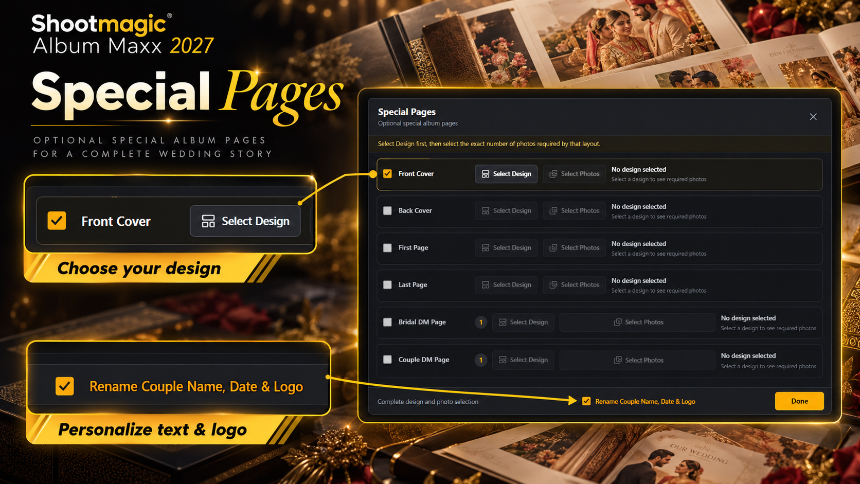 Special Pages — design selection and text / logo personalization