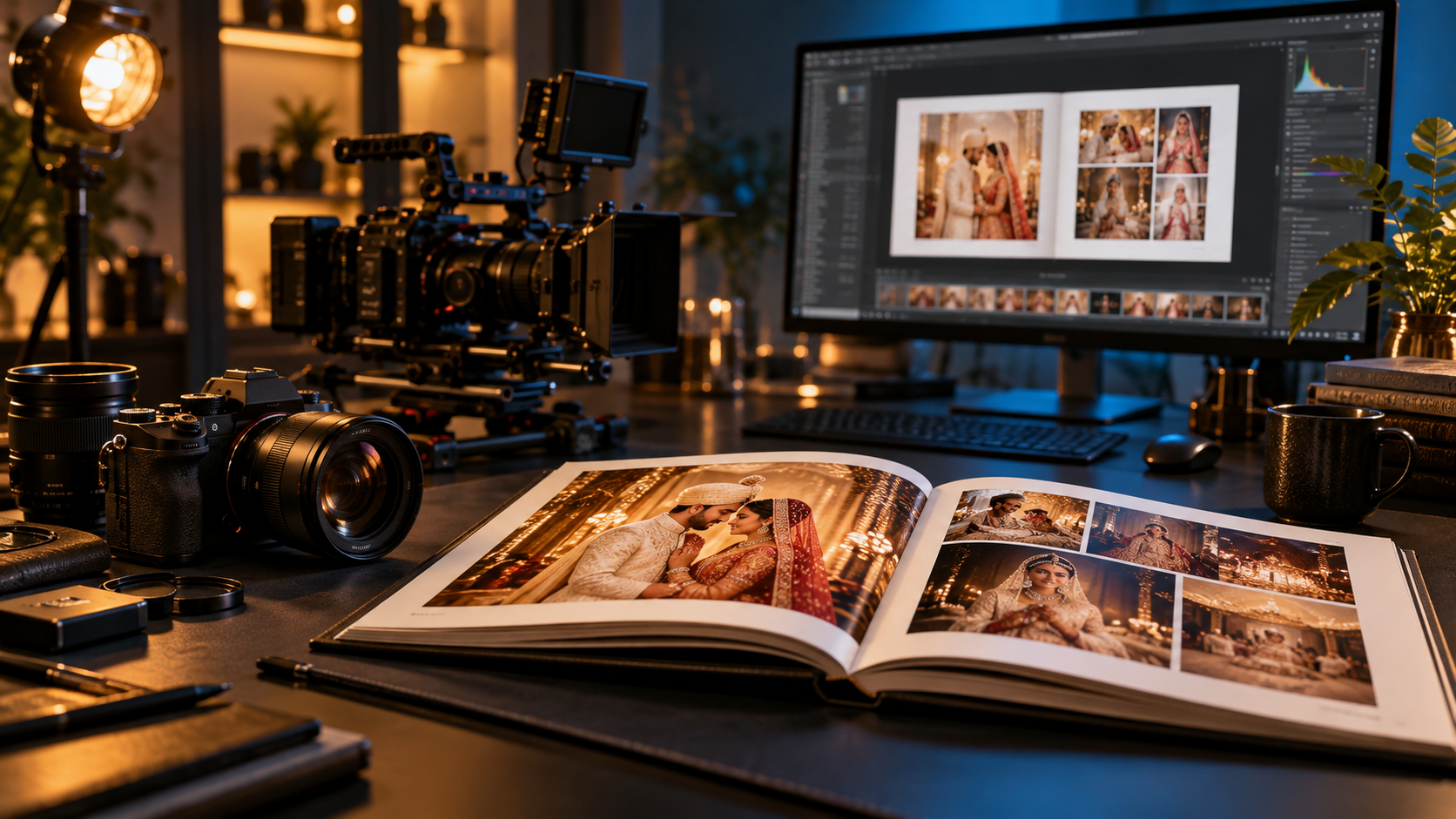Photography and cinematography studio with camera, wedding album and editing workstation