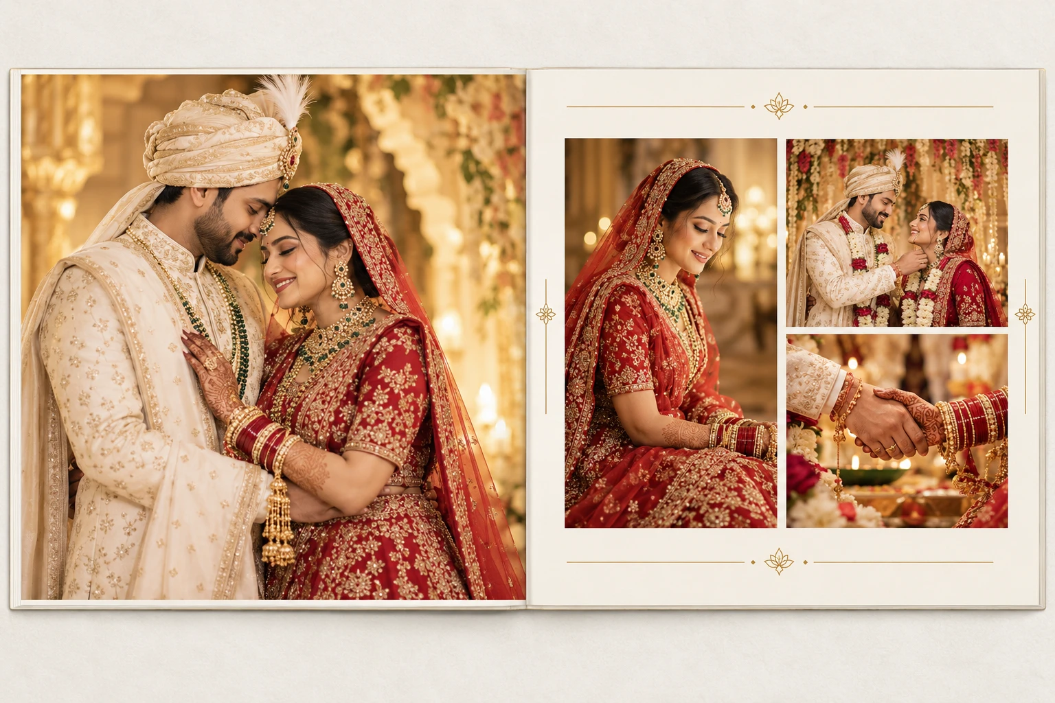 Illustrative Indian wedding album spread with couple and bridal portraits